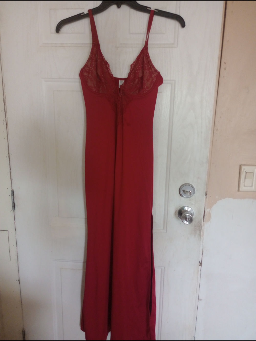 Red Strapless Evening Slip Dress with Lace Bodice
